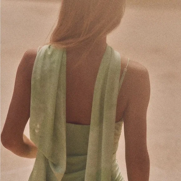 Zara Green Tulle Midi Dress with Scarf - Picture 4 of 8